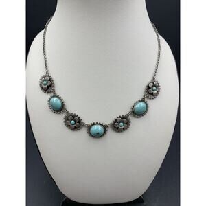 Vintage Washed Silver Faux Turquoise Flower Necklace 1940s